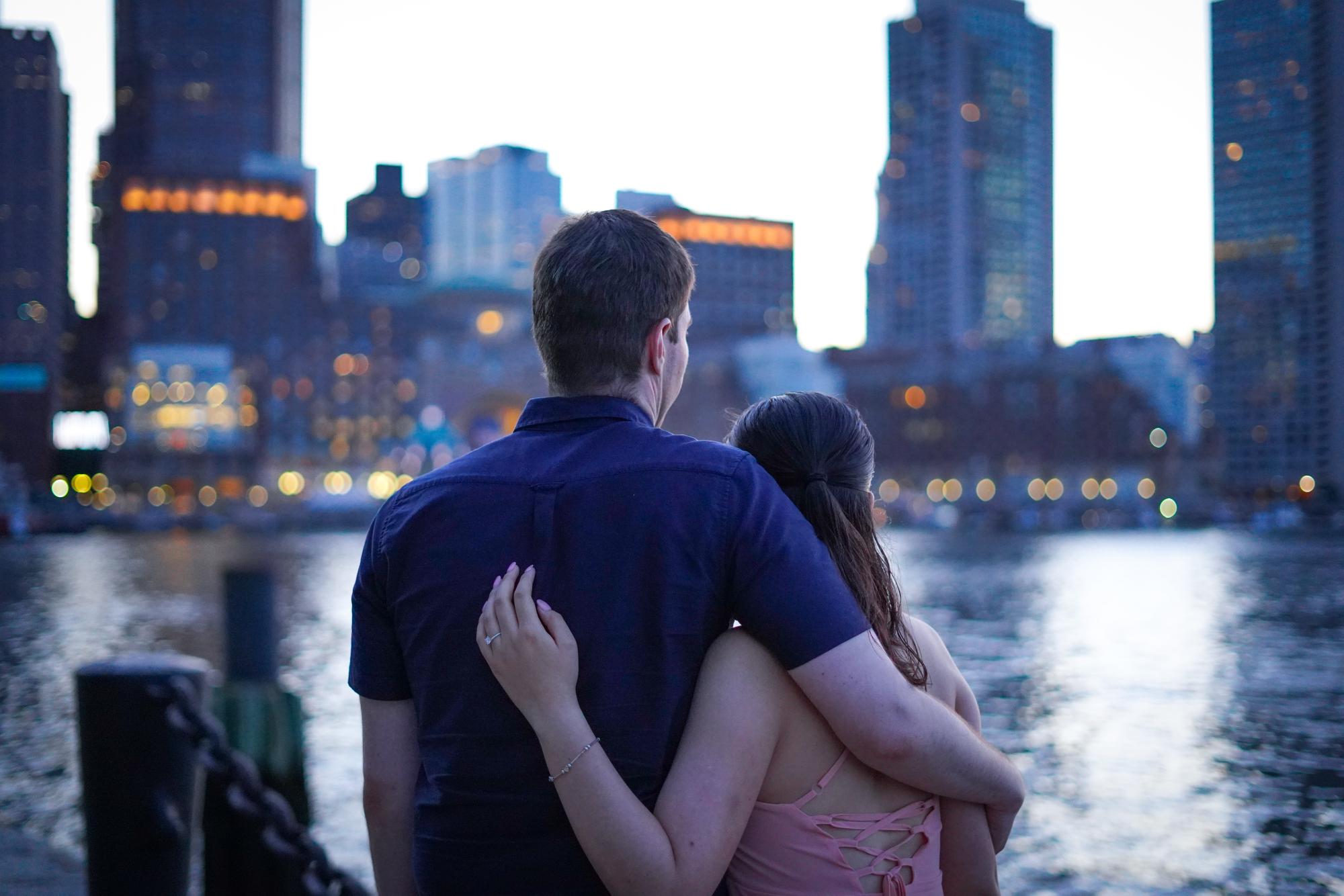 Engagement photo taken at Fan Pier Park