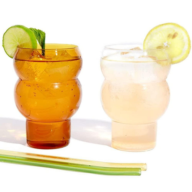 Rhoji 16 oz Drinking Glasses Set with 2 Reusable Glass Straws, Set of 2, Unique Vintage Glassware, BPA-Free and Crystal Clear, Scratch Resistant and Shatterproof for Party and Events