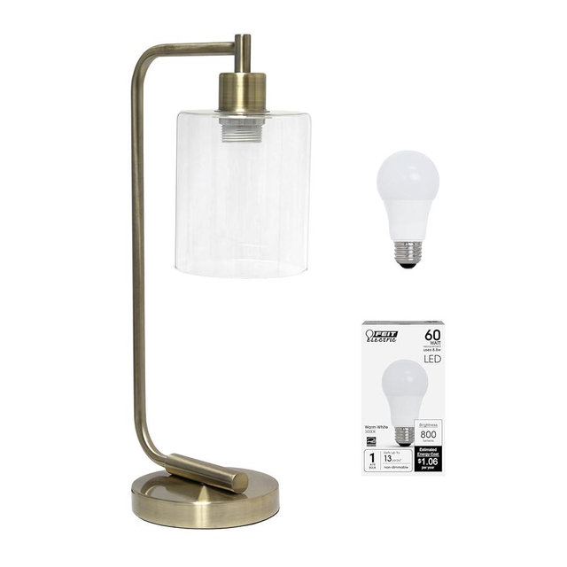 Simple Designs LD1036-ABS-LB 18.8" Industrial Bronson Antique Style Iron Lantern Desk Table Lamp with Glass Shade for Office, Living Room, Bedroom, Antique Brass, with Feit LED Bulb Included
