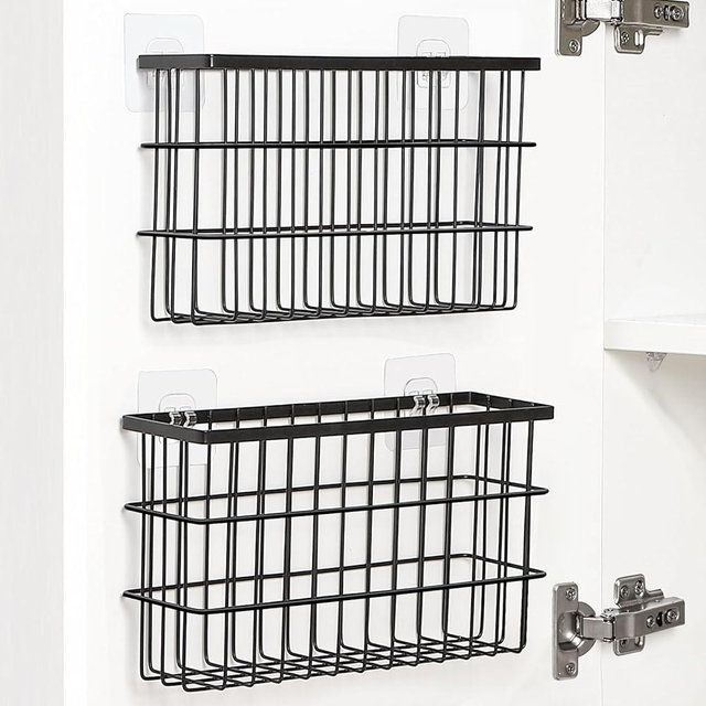 2 Pack Cabinet Door Organizer,Self Adhesive Lid Organizers Inside Cabinet Storage Boxes,Hanging Storage Basket Organizer Wall Mounted Pantry Caddy Cup Holder for Kitchen,Fridge,Bathroom (Black)