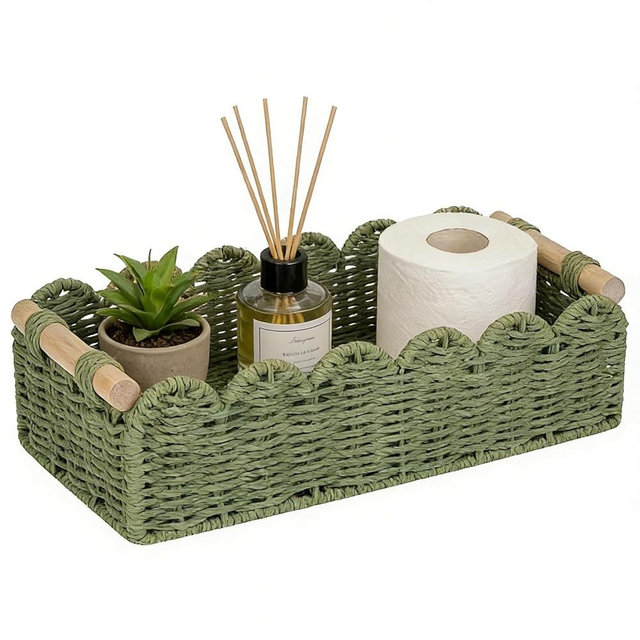 Upgraded Paper Rope Scalloped Edge Toilet Paper Storage Basket, Small Living Room, Bedroom Decor Baskets for Over Toilet Storage Shelf, End Table, Shelves and More, with 2 Wooden Handle (Green)