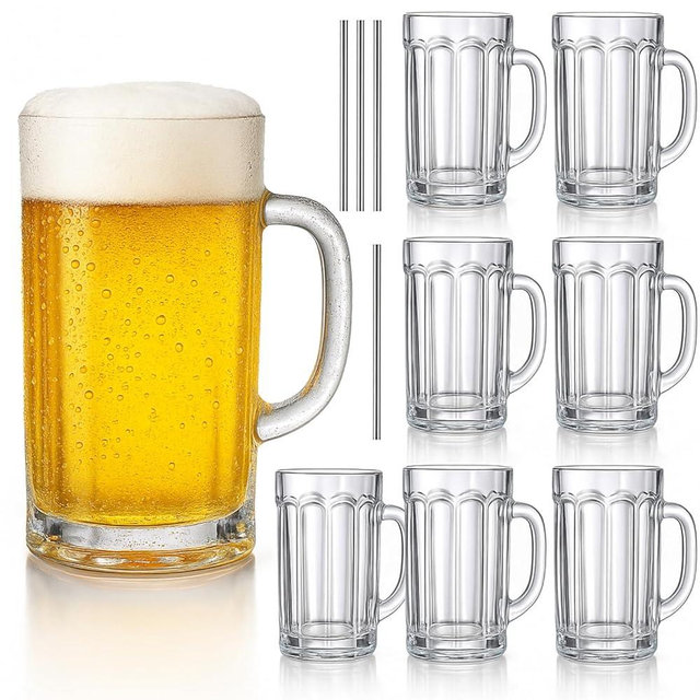 ZENFUN 8 Pack Glass Beer Mugs, 14 Oz Heavy Wine Glasses with Handle & Stainless Steel Straws, Large Beer Glass Steins Pub Drinking Mugs for Juice, Iced Tea