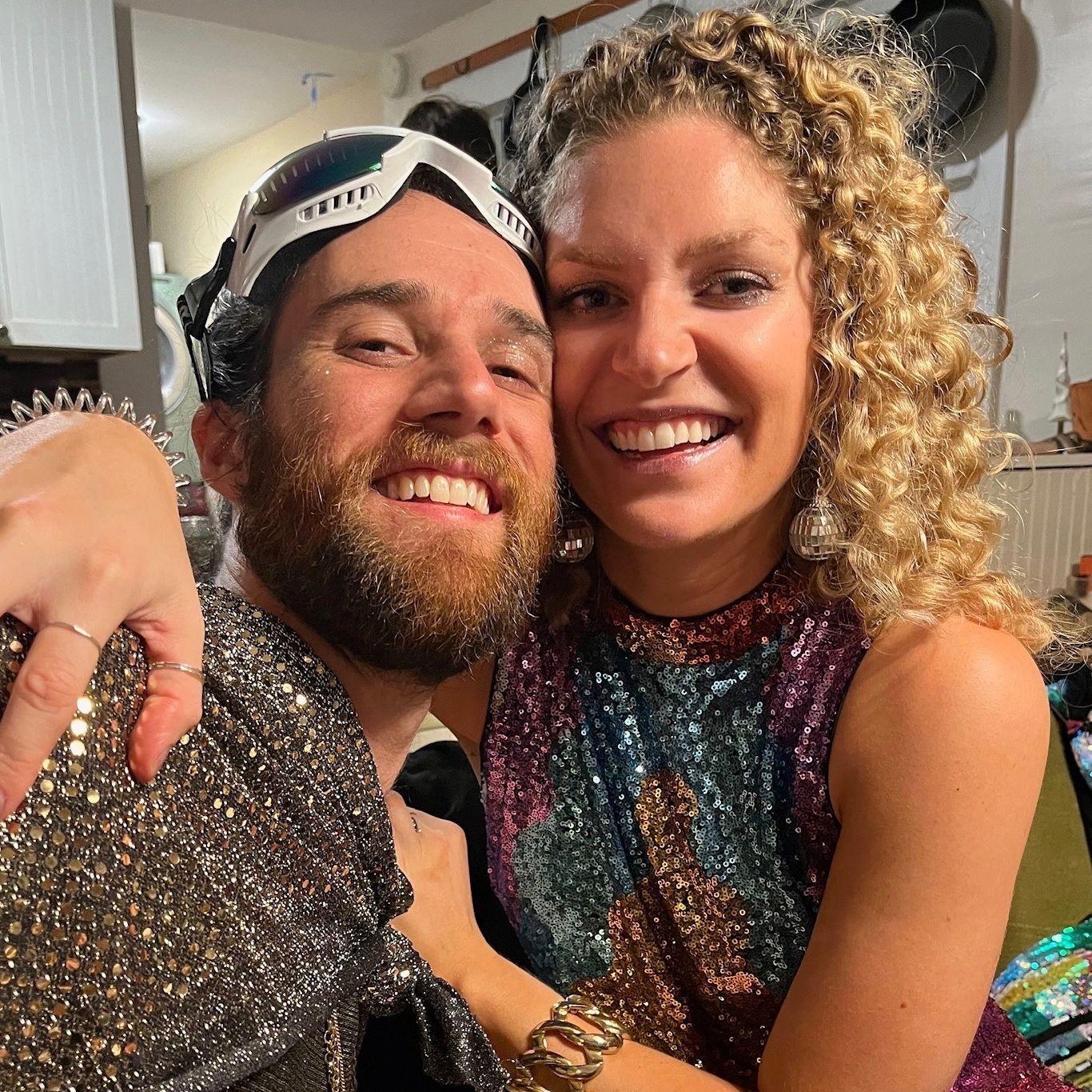 As you might have gathered, Nick and I love a themed party. Here, covered in sequins, we're dressed as fans of "Sparkles", Atlanta's old-school roller skating rink.