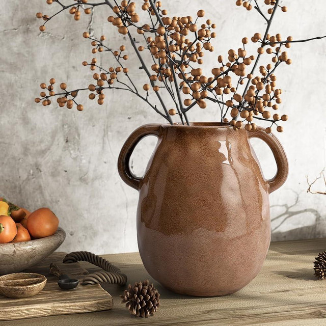 GarDream Antique Brown Ceramic Vase with Handles, Rustic Farmhouse Decor, 7 Inch Glazed Pottery Flower Vases for Home Decor, Handmade Decorative Vase for Flowers, Bouquet, Table, Kitchen, Living Room