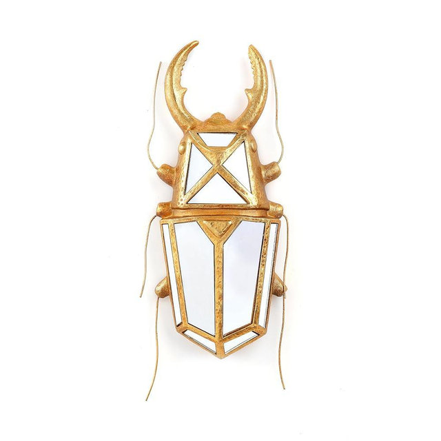 Xinleitan Decorative Bug Insects Beetle Mirrors - Gold Resin and Glass Wall Decor, Perfect for Victorian and European Themed Homes (Sheep Horn Beetle)