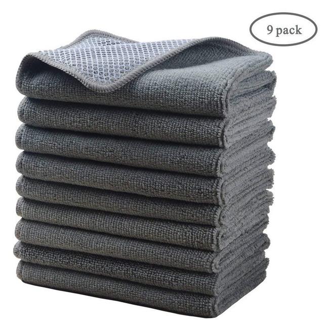 KinHwa Microfiber Dish Cloths Super Absorbent Kitchen Wash Cloth Dish Rags for Washing Dishes Fast Drying Cleaning Cloth with Scrub Side (Greyx9, 12inchx12inch)