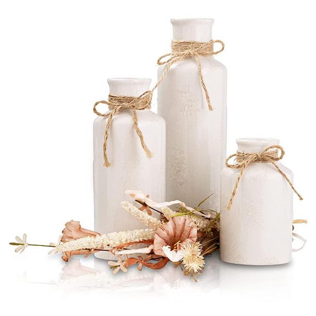 Villa & Marx Ceramic Vase for Home Decor, 3 Small Vase Set, White Decorative Vase Ideal for Shelf Decor, Rustic Decor for Modern Farmhouse, Table or Mantle, Tall Vase for Pampas Grass