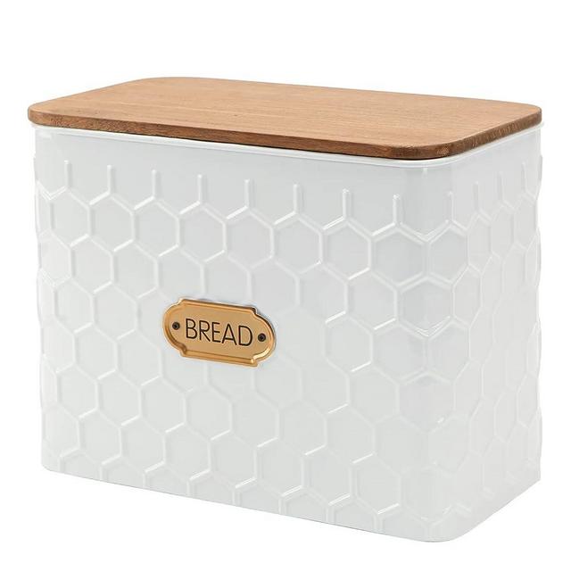 NIKKY HOME Extra Large Space Saving Farmhouse White Bread Box With Wooden Lid - Holds 2 Loaves - Vertical Breadbox Bread Storage Bin Holder for Kitchen Countertop, Honeycomb Embossed Pattern