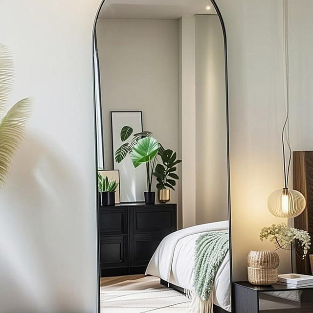 NEARBYSD 58"x18" Arched Full Length Mirror, Floor Mirror with Stand, Freestanding,Wall Mounted Mirror Hanging or Leaning Arched-Top Full Body Mirror for Bedroom, Dressing Room -Black