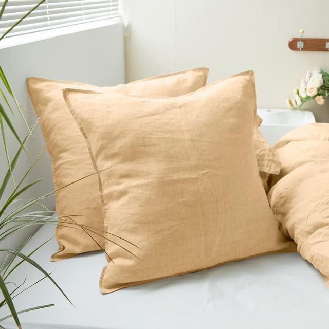 Simple&Opulence 100% Washed Linen Euro Shams Basic Style (26'' x 26'') - Pack of 2 - Solid Color Pillow Shams Natural Flax Square Throw Pillow Covers - Sand