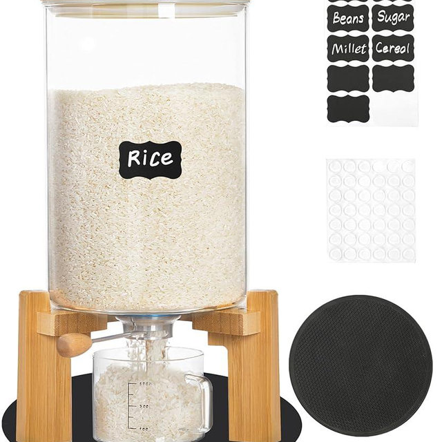 Famyards 14-16 lbs Glass Rice Dispenser with Wooden Stand Flour and Cereal Container with Glass Measuring Cup & Labels & Slider mat Pantry Food Organization Storage Bin with Airtight Bamboo Lid, 8L