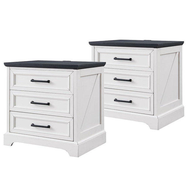 ACCOHOHO Farmhouse Nightstands Set of 2, 22 Inch Wide End Table with Charging Station & 3 Large Drawers, Rustic Wood Small Dresser Chest of Drawers for Bedroom, Living Room, Off White