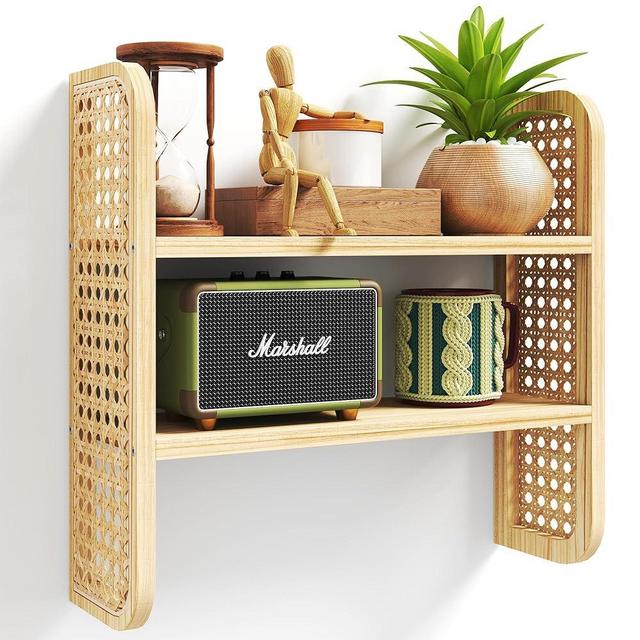 LUPWNEKA 2-Tier Rattan Shelf, Natural Rattan Bookshelf Wall Mounted, Handmade Woven Rattan Display Shelf, Decorative Boho Shelves for Entryway, Nursery, Kitchen, Bathroom, Living Room