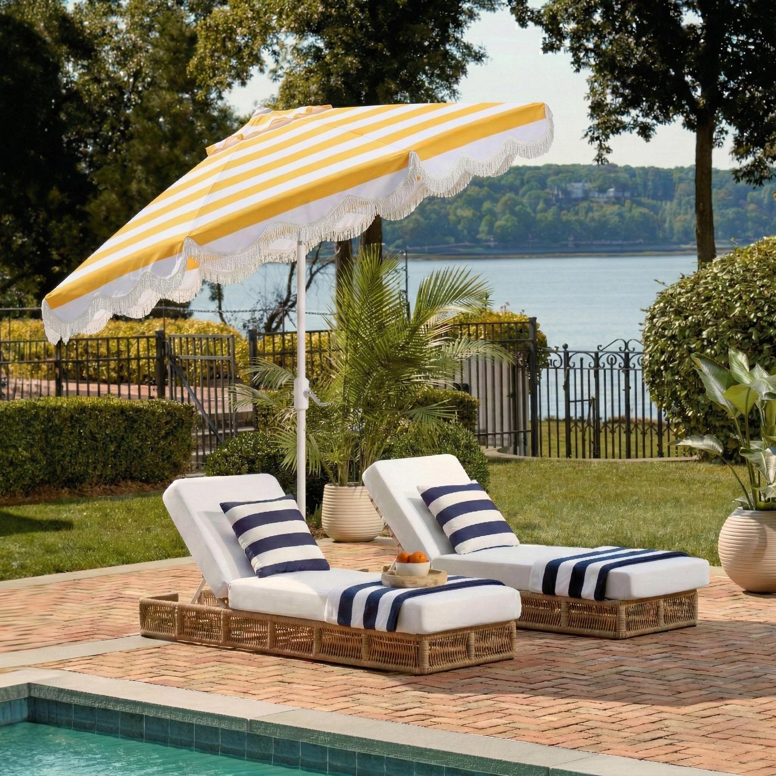 7 foot patio canopy umbrella with crank 7.5' Square Zimmerman Market White on the patio Abble 7.5ft Patio Umbrella with
