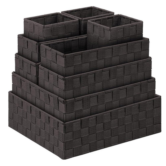 Bellzacasa Woven Baskets for Storage (Set of 9), Storage Baskets for Organizing, Baskets Cube Bin Container Boxes Organizers for Drawer, Shelves, Closet, Bathroom (9 Piece - Grey)