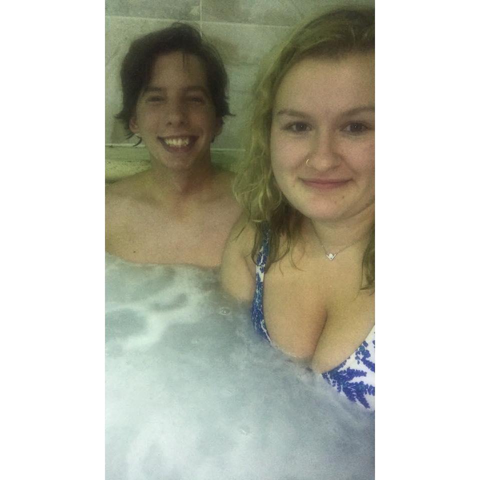 Enjoying the hottub in our hotel, halfway to North Carolina.