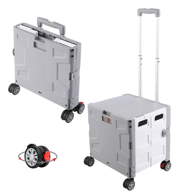 FELICON Folding Utility Cart Portable Rolling Crate Handcart with Durable Heavy Duty Plastic Telescoping Handle Collapsible Hidden Lid 4Rotate Wheels for Travel Shop Move Office Teacher(Gray&White)