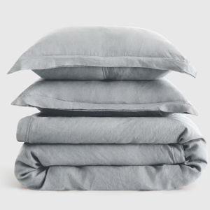 European Linen Double Flange Duvet Cover Set in Mist
