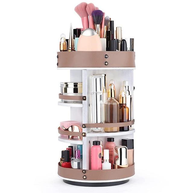 Makeup Organizer, 360 Degree Wooden Cosmetic Organizer with 5 Different Heights, 8 Layers Big Capacity Cosmetics Storage Box for Skin Care, Makeup Brush, Lipsticks, nail polish and More, White