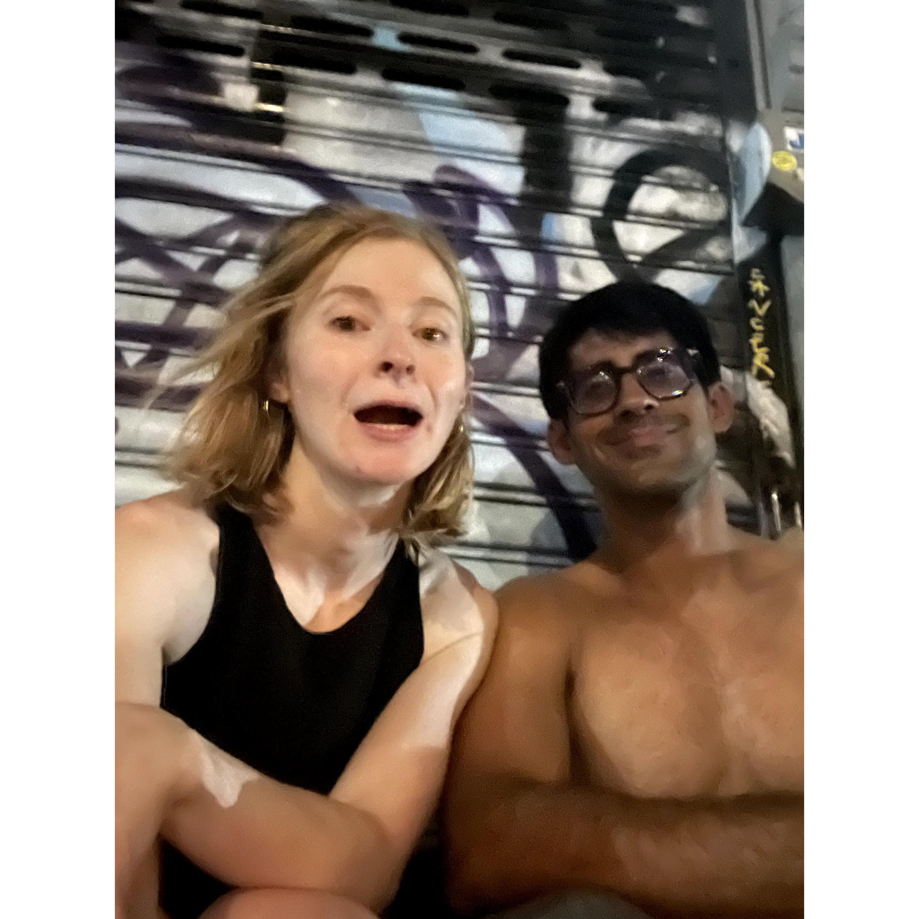 Outside of Home Sweet Home circa 4am. Celebrating Jay's b-day and our engagement. Very sweaty.