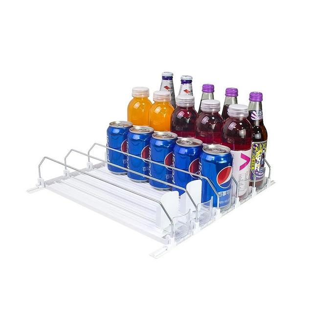 CNDSE Drink Organizer for Fridge,Spring Loaded Soda Can Organizer,Width-adjustable Push Rod Slide Rail Drink Dispenser for Fridge,White（14.96in-5）