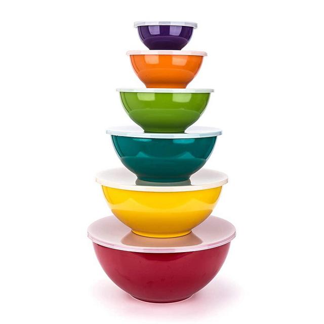 Melamine Mixing Bowls with Lids - 6 Piece Melamine Bowls and 6 Piece Plastic Lids, Multicolor