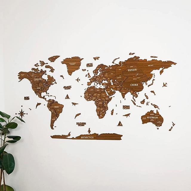 Multilayered 3D Wooden World Map, Travel Map with States and Capitals, Wall Decor For The New House, Gift For Travelers, Office Decor, Birthday Present, Living Room Decoration, Gift for Boys, Educational Activity for Children (XL, Light Brown)