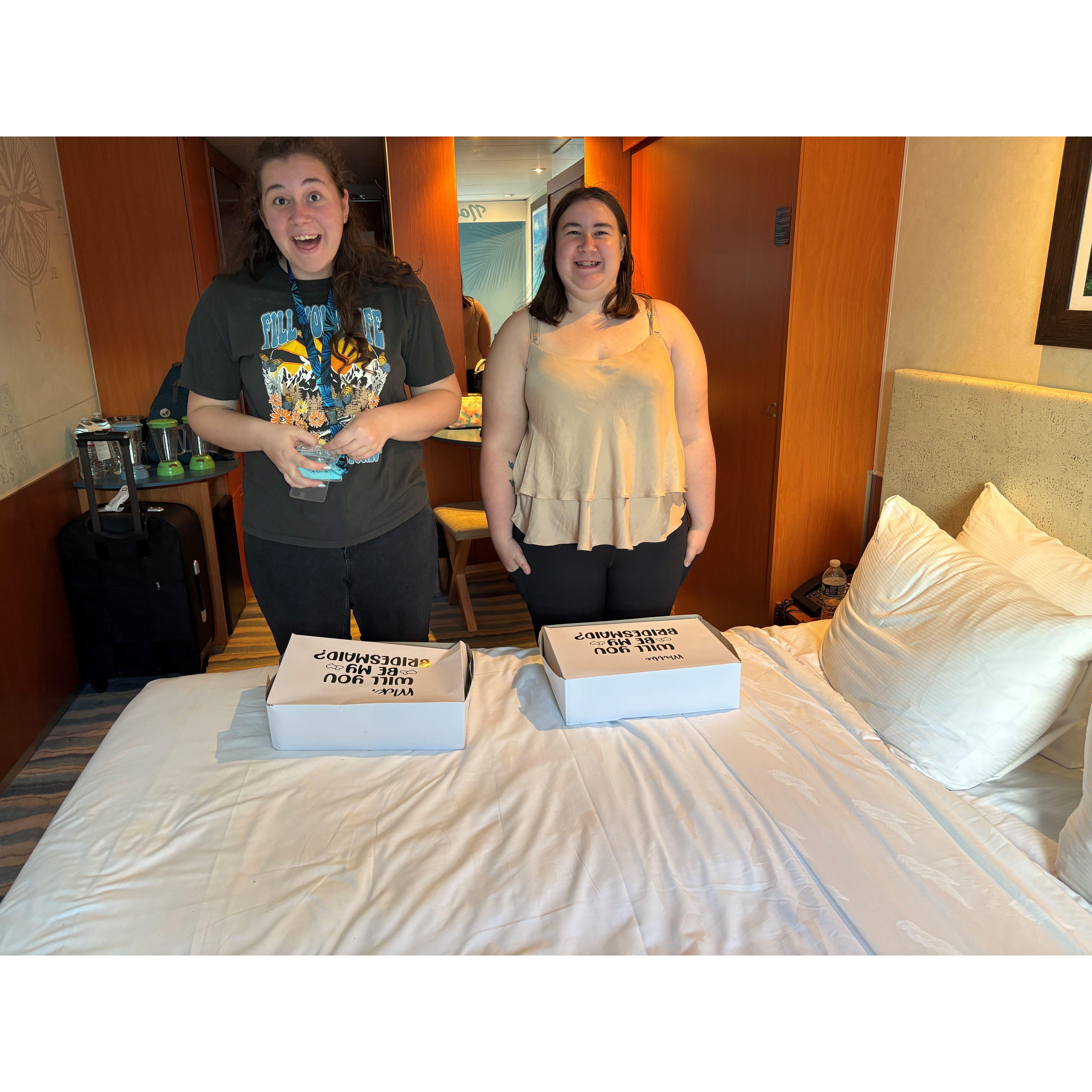The "bridesmaids" proposal boxes when the girls and Lara went on a cruise in February 2025!