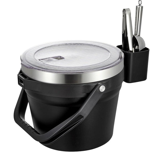 COKTIK 7L Vacuum Insulated Ice Bucket with Lid and Scoop& Tongs，Large capacity Stainless Steel Beverage Bucket for Cocktail, Champagne, Wine, Beer，Large Parties（Carbon Black Suit）