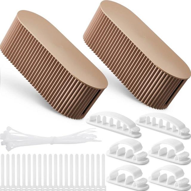 2 Pcs Cable Management Box Cord Hider Box Cord Organizer with 46 Pcs Cable Management Kit, Wire Box for Power Strips, Surge Protectors, Desk, TV Computer Wires, Home Office(Light Coffee)