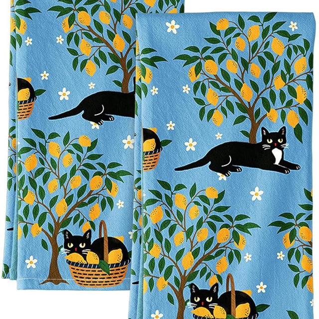Miss Adola Flour Sack Kitchen Towels - Set of 2 Cotton Dish Towels with Hanging Loop Decorative 16x26 Inch Absorbent Cute Design for Housewarming Gifts, Lemon Cat