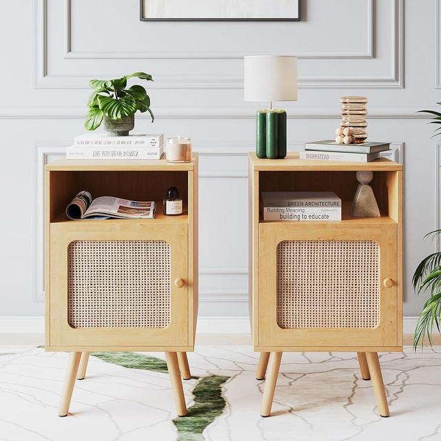 Mid Century Modern Nightstand Set of 2, Boho End Table with Storage Space, Rustic Bedside Tables Side Table for Bedroom, Living Room, Rattan