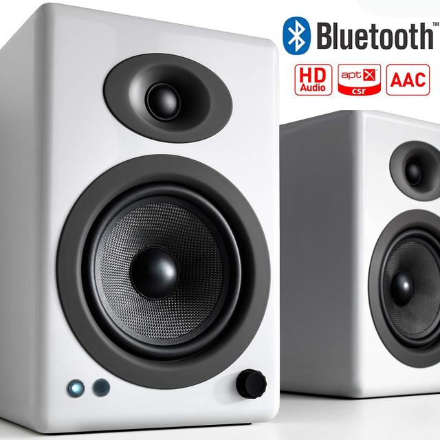 Audioengine A5+ 150W Wireless Powered Bookshelf Speakers, Bluetooth aptX HD 24 Bit DAC, Built-in Analog Amplifier & Remote Control (White)