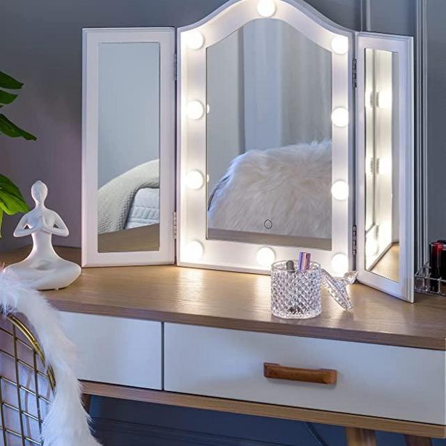 LUXFURNI Vanity Lighted Tri-fold Makeup Mirror with 10 Dimmable LED Bulbs, Touch Control Lights Tabletop Hollywood Cosmetic Mirror (White)