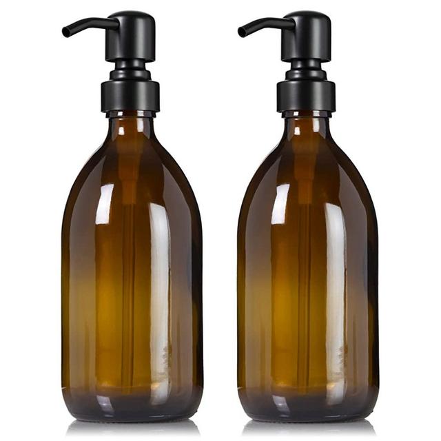 Artanis Home Refillable Amber Glass Dish Hand Soap Lotion Dispenser 16 oz, 2-Pack – Apothecary Bottle with Black Satin Pump