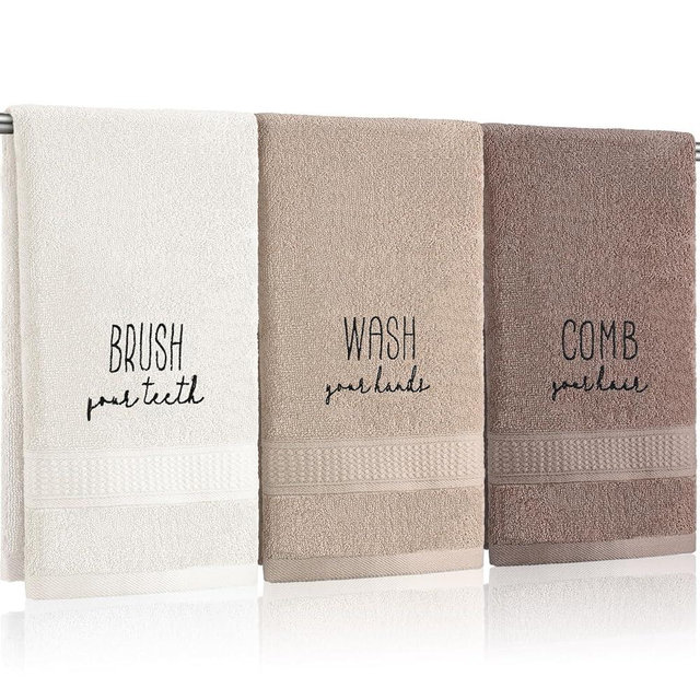 FuWeave 3 Pcs Farmhouse Decorative Hand Towels for Bathroom and Kitchen Rustic Embroidered 100% Cotton Hand Towels Decorative Set for Boho Bathroom Decor (Brown, Brush Comb Wash)