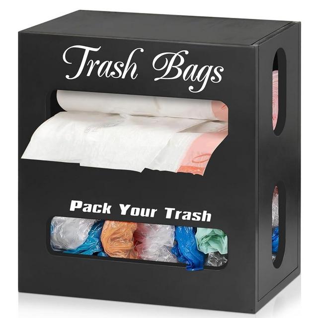 2 in 1 Grocery Bag Holder Trash Bag Dispenser, Wood Trash Bag Holder, Garbage Bag Holder Wall Mount, Grocery Bag Dispenser for Plastic Bags, Kitchen Cabinet Under Sink Organizers and Storage (Black)