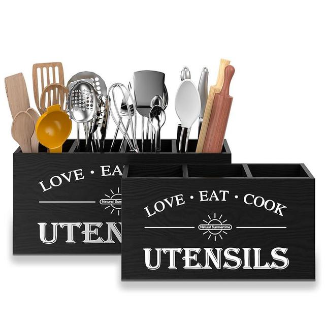 2 Pack Utensil Holder, 6.7"+6.18" Wooden Utensil Holder for Kitchen Countertop, Large Wood Utensil Organizer with Partition for Silverware and Cooking Storage, Farmhouse Kitchen Decor