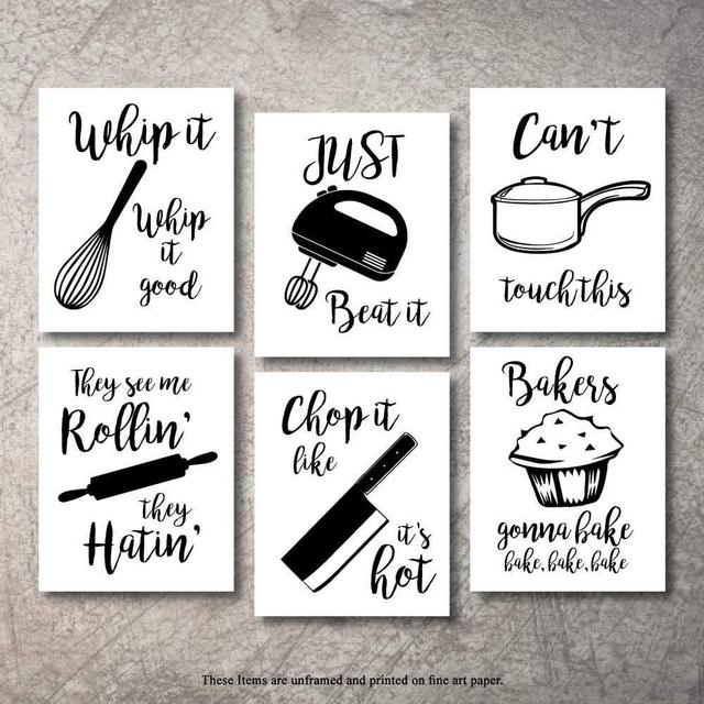 Home Decor Funny Gift 6 Kitchen Wall Art Prints Kitchenware with Sayings Unframed Farmhouse Home Office organization Signs Bar Accessories Decorations sets white house Deco Kitchen Decor (5X7W)