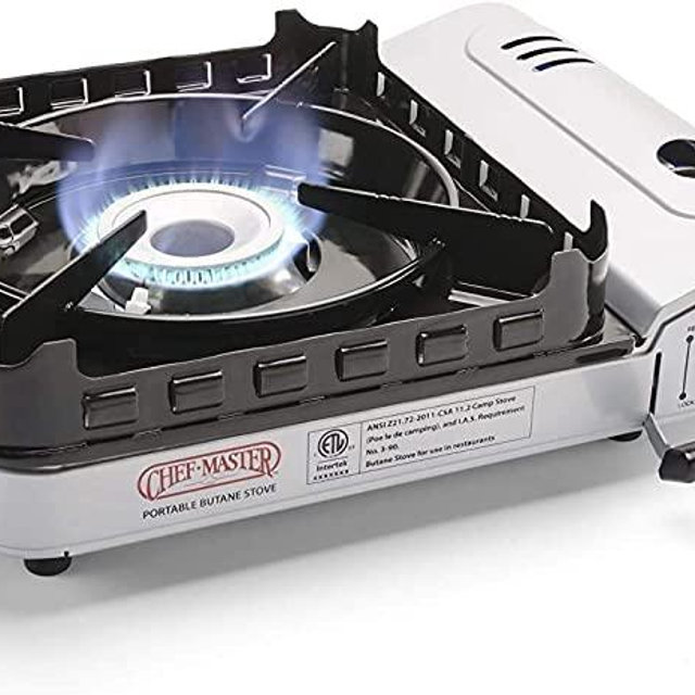 Chef Master 90019 Portable Butane Stove, 15,000 BTU Single Burner Gas Stove, Camping and Backpacking Essentials, Piezo Electric Ignition, Double Wind Guard Burner, Hard Carrying Case