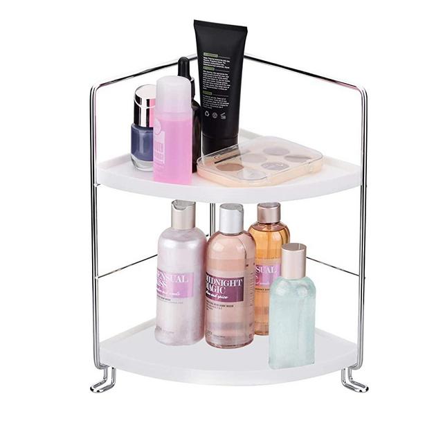 2-Tier Corner Storage Shelf Stackable Organizer for Cosmetics, Bathroom, Kitchen, Countertop, and Vanity, Silver