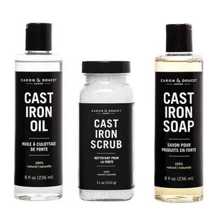 Caron Brands Inc - Caron Doucet - Cast Iron Seasoning & Conditioning Ultimate Bundle - Cast Iron Oil, Cast Iron Soap & Cast Iron Scrub - 100% Plant Based Formulation - Helps Maintain Seasoning on All Cast Iron Cookware.