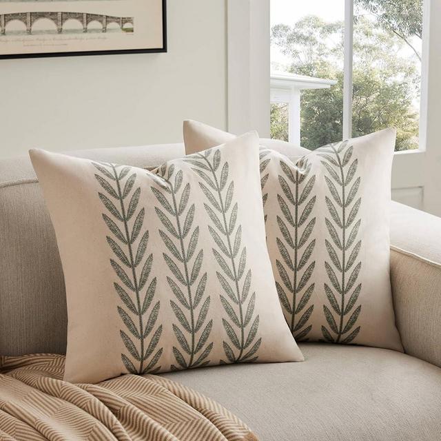 YZJZEDS 100% Cotton Farmhouse Leaves Throw Pillow Covers Set of 2, 18x18 Inch Green Pastoral Decorative Print Cushion Covers for Sofa Bed Living Room Home Decor