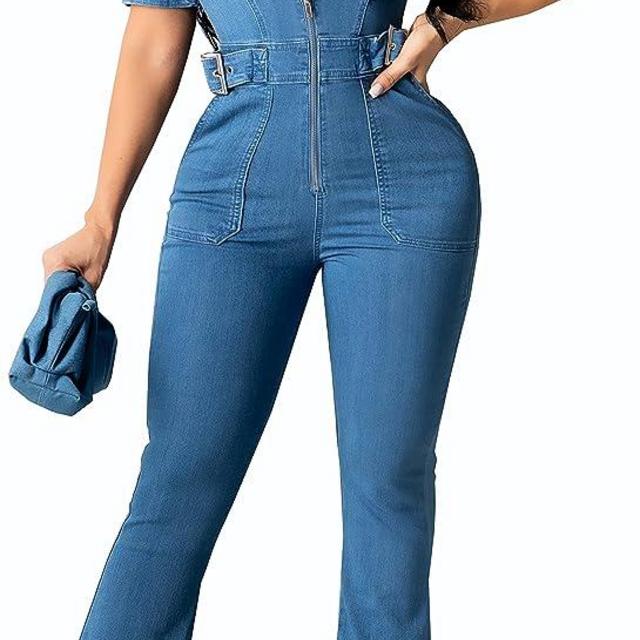 Sexy Denim Jumpsuit for Women Casual Long Sleeve Jean Pants Rompers with Zipper Pockets