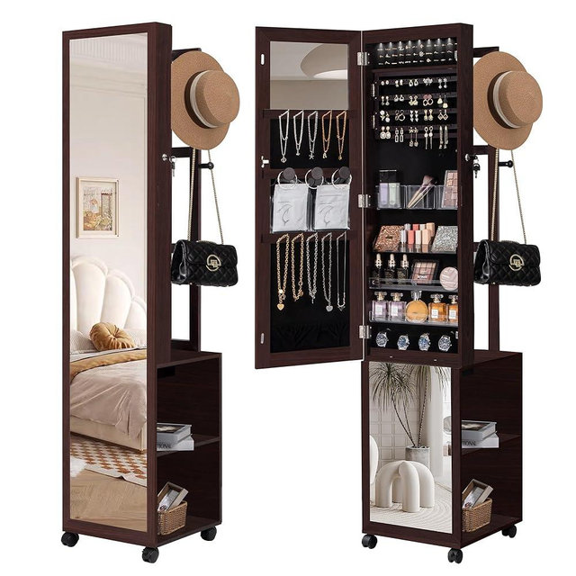 Hzuaneri 8 LEDs Jewelry Cabinet Armoire, 64.8-inch Jewelry Organizer with Garment Rack, Lockable Full-length Mirror with 4 Wheels, Storage Shelves with Hooks, 5-in-1, Brown JC17019B
