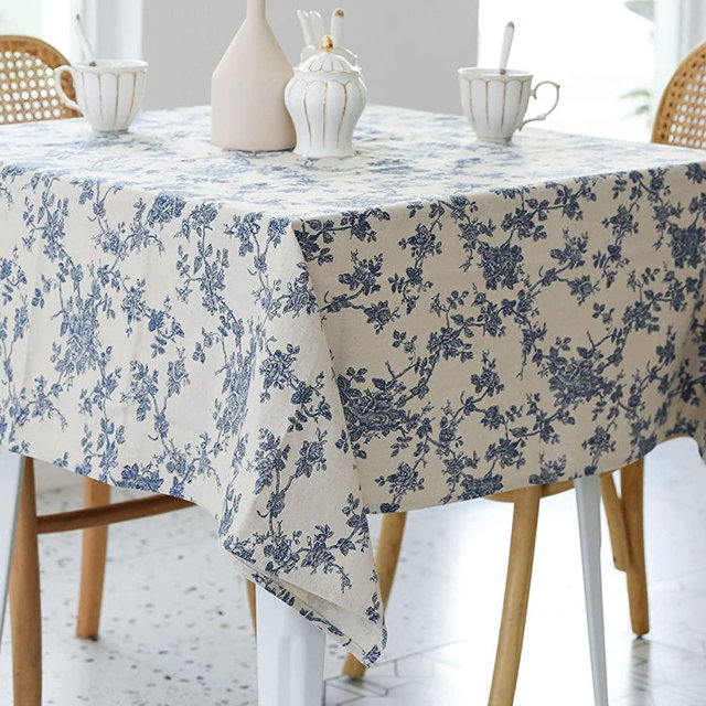 Pastoral Square Tablecloth - 52 x 52 Inch - Linen Fabric Table Cloth - Washable Table Cover with Dust-Proof Wrinkle Resistant for Restaurant, Picnic, Indoor and Outdoor Dining, Floral (Dark Blue)
