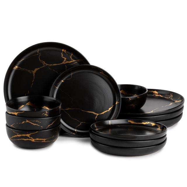Thyme & Table 12 Piece Dinnerware Set, Black Marble