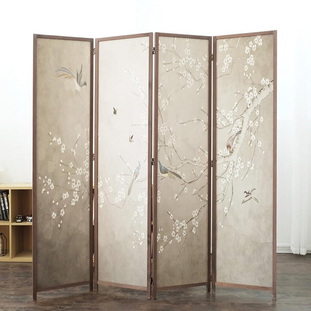 Furnnylane 4 Panel Room Divider Screen,Double Faced Blackout Panel Divider Folding Panel Screen Divider for Room Separation,Plums and Birds,67" H x 63" W