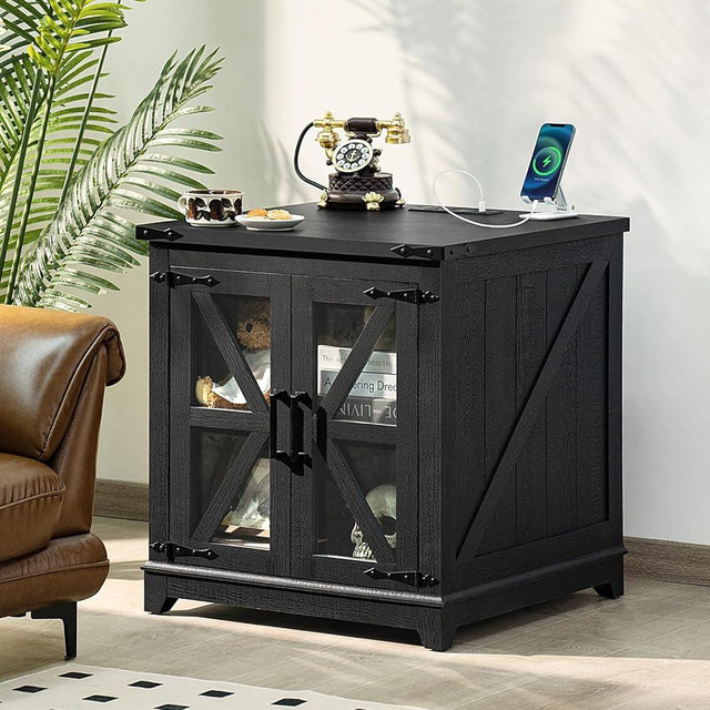Joaxswe Farmhouse End Table with Charging Station, 24" Large Sofa Side Table with Glass Barn Door,Black Nightstand with Adjustable Storage Shelf,Wood Square Bedside Table for Living Room,Bedroom
