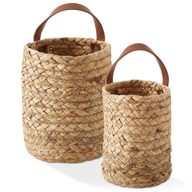 Casafield Set of 2 Wall Hanging Baskets with Handles - Natural Water Hyacinth, Woven Boho Plant and Flower Storage Pots